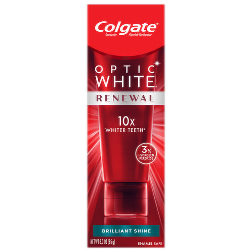 10X Whiter Teeth*Get 10X whiter teeth* with this teeth whitening toothpaste, which contains dentist recommended hydrogen peroxide. With a patented 3% hydrogen peroxide formula which deeply whitens beyond surface stains, this hydrogen peroxide toothpaste not only removes surface stains, but also can penetrate to work below the tooth surface. Colgate Optic White Renewal toothpaste, Brilliant Shine, is a mint toothpaste that has a refreshing mint flavor that freshens breath. It is also an anticavity fluoride toothpaste that helps to protect against cavities. Enamel-safe for daily use, add this Colgate whitening toothpaste to your oral care routine for teeth whitening that safely whitens the inside as well as the outside of your teeth. Whitening Toothpaste That’s VeganColgate Optic White Renewal whitening and stain removal toothpaste is a vegan toothpaste that’s also gluten-free and sugar-free. For good oral hygiene, brush your teeth twice a day for two minutes. Optic White toothpaste is made by Colgate, the brand that knows the power of a healthy smile.*vs. a fluoride toothpaste without hydrogen peroxide, after 4 weeks of use as directedHealthy SmilesAt Colgate, we make toothpaste that promotes healthy smiles. Not only because having a healthy smile is important to your overall health, but because when you have a healthy smile, you actually smile more – and that’s a powerful thing. Smiles are the simplest form of optimism, something we need now more than ever. That’s why we’re committed to raising oral healthcare standards everywhere.