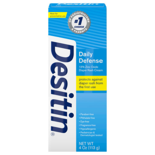 Use Desitin Daily Defense Diaper Rash Cream every day to soothe, treat and prevent baby diaper rash. This hypoallergenic and pediatrician-tested formula instantly forms a protective barrier on your baby's tender skin and is clinically shown to provide diaper rash relief. The daily diaper rash cream is designed to work at the first hint of diaper rash to help heal and soothe your baby's skin. Made with fast-acting formula containing 13% zinc oxide skin protectant, this barrier cream helps seal out wetness and provides protection from the first use. It is dermatologist-tested and free of parabens, phthalates, fragrances and dyes, so it's gentle enough to use at every diaper change. The #1 choice of pediatricians and parents, the creamy formula goes on smoothly and wipes off easily, making Desitin Daily Defense Diaper Rash Cream your trusted partner for treating diaper rash from the first signs.