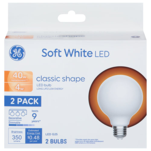 GE Light Bulb, LED, Soft White, 4 Watts, Classic Shape, 2 Pack