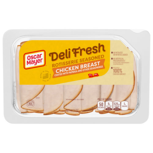 Oscar Mayer Deli Fresh Rotisserie Seasoned Chicken Breast Deli Meat is quality lunch meat with no artificial preservatives, no nitrates or nitrites added, and no added hormones. Our chicken lunch meat is fully cooked and coated with paprika and other seasonings for a rich, mouthwatering flavor. Use our sliced chicken breast lunch meat to make a chicken cold cut sandwich for school lunch, or try using a sandwich press to make a chicken melt or club sandwich. Oscar Mayer Deli Fresh also makes a great addition to a deli salad or cheese and crackers. Keep the 9-ounce package refrigerated to maintain freshness.