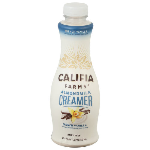 Califia Farms pronounced Cal-uh-FEE-ahh. Just like our California home, we're named after the legend of Queen Califia. Indulge in our Almondmilk Creamer with the seductive flavor of French Vanilla. Swirling into your coffee with all the sweet creamy goodness of dairy creamer, just without the dairy. Treat your taste buds. Carrageenan free. Always plant-based. Remove label to recycle.