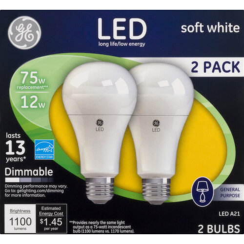 GE Light Bulbs, LED, Soft White, 12 Watts, 2 Pack