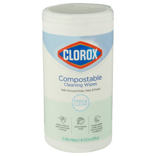 Cleans without harsh chemicals or fumes. Plant-based cloth. Compostable under home and municipal conditions (For municipal composting, check locally, as appropriate facilities may not exist in your area). Safe around kids, pets, & food. Effectively cleans without harsh chemicals, fumes, or residues. No rinse required. Baby/kids area. Pet areas. Kitchen areas. For home composting. Do not compost wipes if used to clean non-compostable messes, such as human or animal waste. Wipes should generally be no more than 10% of total home compost pile. Safer Choice. Meets U.S. EPA Safer Product Standards. epa.gov/saferchoice. www.clorox.com/compostable. how2recycle.info. www.clorox.com. www.smartlabel.org. To learn more, and for detailed home composting instructions, visit www.clorox.com/compostable. Questions or Comments? Please visit www.clorox.com or call (800) 227-1860. For more product ingredient information, visit www.smartlabel.org. how2recycle.info. Made in USA of global components.