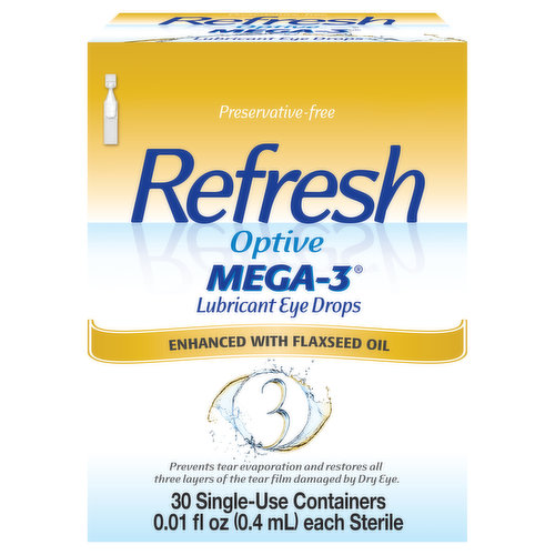 DRY, IRRITATED EYES? REACH FOR MEGA RELIEF. REFRESH OPTIVE MEGA-3 Preservative-Free Lubricant Eye Drops provides prolonged relief and comfort for moderate symptoms of eye dryness.  This one-of-a-kind, moisture-rich formula supports all three tear film layers and helps prevent tears from evaporating. It also features HydroCell technology—a proprietary solution that delivers soothing hydration to the eye's surface cells. REFRESH OPTIVE MEGA-3 is great for sensitive eyes and contains 30 single-use, on-the-go vials. Trust your eyes to REFRESH—The #1 selling brand in preservative-free artificial tears.* (*REFRESH Family of Products, Ipsos Healthcare, 2021 REFRESH ECP Recommendation Survey.)