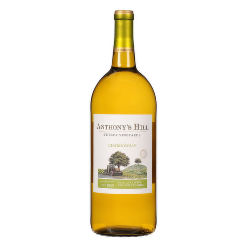 Delicate citrus and apple flavors. Over 40 years of tradition. Estd. 1968. Perfectly situated for growing grapes, Anthony's Hill has long been a source of quality wine. The historic vineyard upholds Barney Fetzer's legacy, delivering outstanding grapes through sustainable practices. Warm days, cool maritime breezes coax the crisp ripe flavors of apple, pear and tropical fruit that create an elegant Chardonnay. A perfect complement to fish, chicken and pork. Alc. 13.0% by vol. 26 Vinted and bottled by Fetzer Vineyards Hopland, Mendocino County, California.
