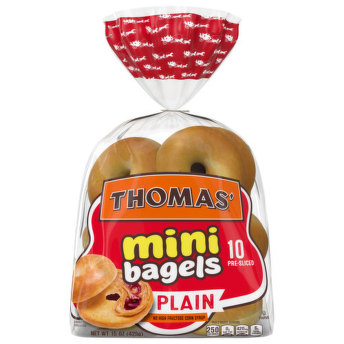 10 pre-sliced. Thomas mini bagels are delicious any time of day, as a mini breakfast or snack. Crispy on the outside and soft and chewy in the middle, they pair perfectly with your favorite spread or any other combination like mini pizzas. Try one day and taste the tradition of quality that thomas bakeries have been proudly serving up for over 140 years. We welcome your questions or comments about this product. Call 1-800-984-0989, consumer relations department. When writing, please include the proof-of-purchase (bar code) and stamped date code.