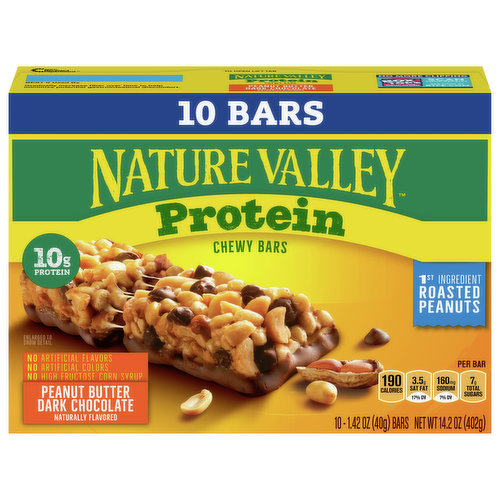 No artificial flavors. Naturally flavored. Per Bar: 190 calories; 3.5 g sat fat (17% DV); 160 mg sodium (7% DV); 7 g total sugars. 10 g protein. Gluten free. Contains bioengineered food ingredients. Learn more at Ask.GeneralMills.com. 10 bars. When we get outside, something amazing happens. You can feel it. It can make us feel more energized, helps manage stress, and strengthen our families. We think the world could use a little more of that. We are better outside. 1st ingredient roasted peanuts. No artificial colors. No high fructose corn syrup. generalmills.com. how2recycle.info. Tell us what you think share it on Twitter, Instagram. To learn more see www.naturevalley.com/nature. We welcome your questions and comments: generalmills.com. 1-800-231-0308 Box Tops for Education: No more clippings. Scan your receipt. See how at btfe.com. Proud supporter. Celiac Disease Foundation. celiac.org. 100% recycled paperboard. Carbohydrate Choices: 1.