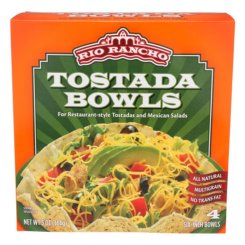 For restaurant-style tostadas and Mexican salads. No trans fat. All natural.  Multigrain. There are no artificial ingredients, no preservatives, and no added salt in these bowls. Rio Rancho Tostada Bowls enable you to make the same great tostadas and salads you get in your favorite Mexican restaurant. Rio Rancho Tostada Bowls are uniquely made, one at a time. This handmade look provides their authentic Mexican restaurant appearance. Enjoy! www.smokewoodfoods.com.