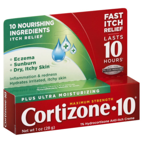 Misc: 1% hydrocortisone anti-itch creme. 10 nourishing ingredients. Fast itch relief lasts 10 hours (when used as directed). No. 1 itch medicine (refers to the ingredient hydrocortisone) doctor recommended. Eczema. Sunburn. Dry, itchy skin. Inflammation & redness. Hydrates irritated, itchy skin. Anti-itch creme soothes itch fast. www.Chattem.com. For more information please visit: www.Cortizone10.com.