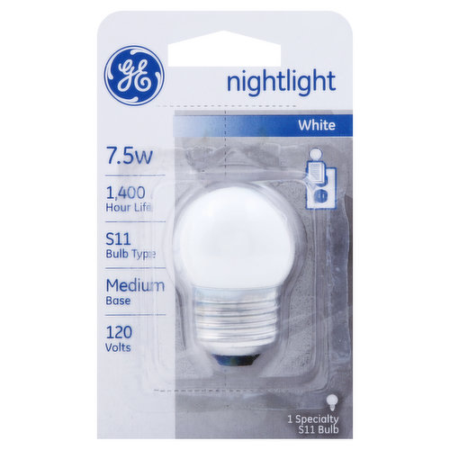 1,400 Hour life. S11 Bulb type. Medium base. 120 Volts. 1 Specialty S11 bulb. Specialty bulbs from GE offer innovative solutions for a variety of lighting needs. Use specialty bulbs from GE for quality lighting everywhere. Nightlights from GE provide added comfort and security anywhere in your home. They can also be used for signal and indicator lights, toys and appliances. www.gelighting.com. Visit us on the internet. www.gelighting.com. 800-GE-Light. Made in Philippines.