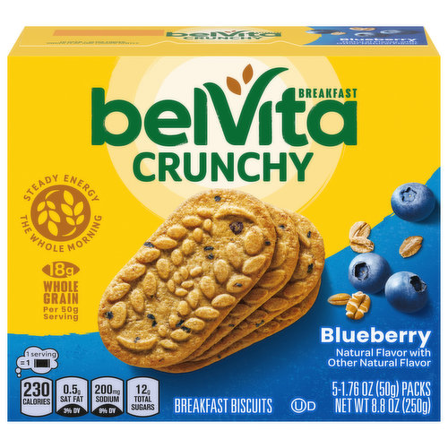 Start your morning off right with lightly sweet and crunchy belVita Blueberry Breakfast Biscuits. These bulk breakfast biscuits combine wholesome grains with fruity blueberry flavor for a delicious breakfast. Specially baked, these baked biscuits contain slow-release carbs that break down gradually in the body to deliver delicious, steady energy all morning long so you can enjoy these with your morning coffee, yogurt and fruit or as an instant breakfast food no matter what the morning brings. Each 50 gram serving of these bulk breakfast cookies contains 18 grams of whole grain, 2 grams of fiber and B vitamins for a delicious alternative to breakfast bars. A simple addition to your morning, these cholesterol-free bulk biscuits for breakfast contain no high-fructose corn syrup and no artificial colors, flavors or sweeteners. What are you waiting for? These convenient breakfast biscuits made with wholesome grains are a great alternative to traditional breakfast snacks. This bulk breakfast food is also an energizing alternative to snack bars and a wholesome addition to college care packages. Each individual pack contains four belVita Blueberry Breakfast Biscuits for you to enjoy on the go, at the office or at home for lasting morning energy.