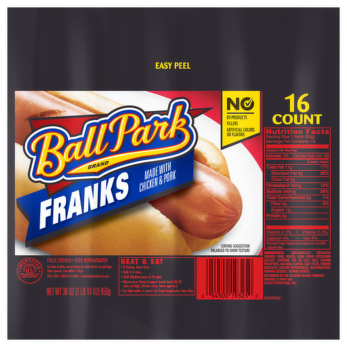 Ball Park Classic Hot Dogs are made with no artificial flavors, colors, fillers or by products. The bold flavor of Ball Park hot dogs is perfect for all your outdoor barbecues. Heat and eat Ball Park franks on the grill, in the microwave or on the stove. Grill a Ball Park hot dog and top it with chili or keep it simple with ketchup and mustard. Each pack includes 8 hot dogs.