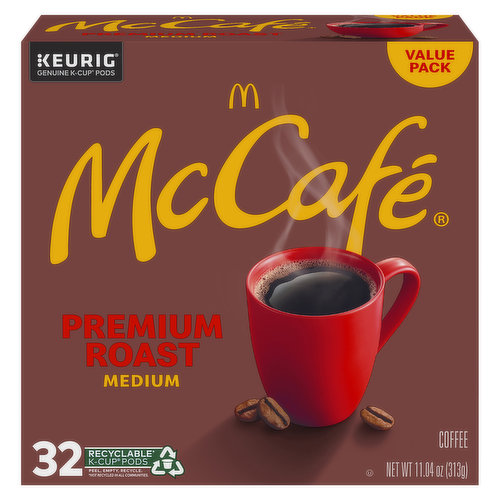 Keurig genuine K-Cup pods. Brighten your day with McCafe, a simply delicious coffee that keeps good going. Brew good by the cupful. Premium Roast: Bring the deliciously familiar taste from McCafe into the comfort of your own home. This medium roast blend is simply satisfying with a rich aroma, smooth body and clean finish. Quality: We start with premium Arabica beans, then expertly roast in a temperature-controlled environment to bring out the best taste, every time. Sustainability: Using 100% responsibly sourced coffee supports a healthier planet and an improved quality of life for farming communities. Only Genuine K-Cup Pods are optimally designed by Keurig for your Keurig coffee maker to deliver the perfect beverage in every cup. Recyclable (Not recycled in all communities) K-Cup pods. Peel, empty, recycle. Peel: Starting at puncture, peel lid and dispose. Empty: Compost or dispose of grounds. (Filter can remain). Recycle: Check locally (Not recycled in all communities) to recycle empty cup. Visit Keurig.com/recyclable to learn more. Please recycle. how2recycle.info.