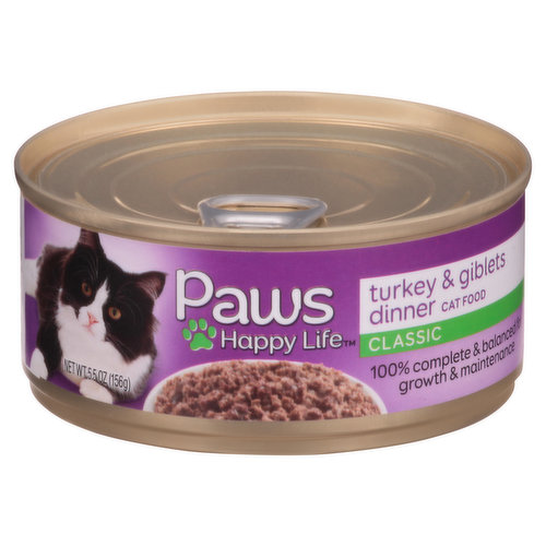 Calorie Content (calculated): Metabolizable Energy (ME) 1,141 kcal/kg; 178 kcal/can. Paws Happy Life Classic Turkey & Giblets Dinner Cat Food is formulated to meet the nutritional levels established by the AAFCO Cat Food Nutrient Profiles for growth and maintenance.