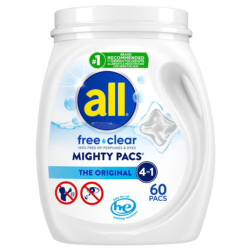 all free clear mighty pacs are 100% free of perfumes and dyes with concentrated cleaning power in a convenient pac. all free clear is the #1 recommended detergent brand by dermatologists, allergists and pediatricians for sensitive skin. These hypoallergenic mighty pacs are Tough on Stains, Gentle on Skin. Use with all free clear fabric softener and dryer sheets for clean and soft clothes with static cling reduction in the dryer. All free and clear mighty pacs are unscented, fragrance free, and are safe to use in any washing machine including high efficiency (HE) and they dissolve completely even in cold water. Add pac(s) to washing machine drum before adding clothes. Use 1 pac for small and medium loads or 2 pacs for larger loads then wash as usual. all mighty pacs are safe for septic systems and contain no phosphates. This pack contains one tub of 60 all free clear mighty pacs, enough for 60 regular loads of laundry.