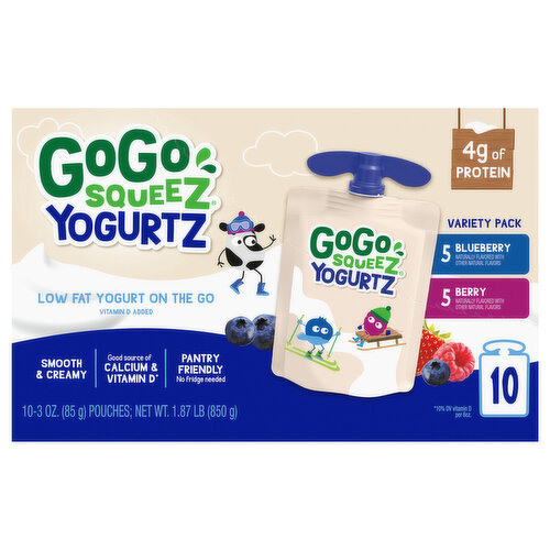 GoGo Squeez Yogurtz, Low Fat, Blueberry/Berry, On The Go, Variety Pack