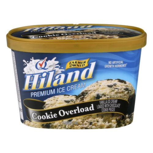Vanilla ice cream loaded with chocolate cookie pieces. No artificial growth hormones (The FDA states there is no difference in the quality or safety of milk with or without the use of rBST). www.hilanddairy.com. Family owned.