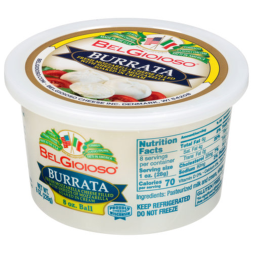 BelGioioso Fresh Mozzarella Cheese Ball, Specialty Soft Cheese,  Refrigerated 8 oz Plastic Wrapping 