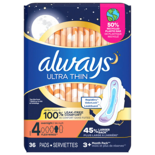 Always Pads, Ultra Thin, Flexi Wings, Overnight, Size 4 - Brookshire's