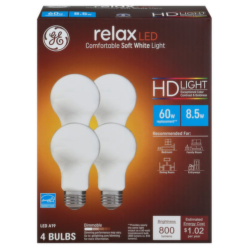 Brightness Quantity: 800 lumens. Energy Info: $1.02 based on 3 hrs/day, 11 cents/kWh. Cost depends on rates and use. 8.5 watts. Package Info: 4-Pack. 4. Voltage: 120 V. Bulb Info: Both. LED. Is Dimmable. Has Energy Star Logo. Screw. Bulb Life: 13.7 years based on 3 hrs/day. Bulb Appearance: 2700 K .