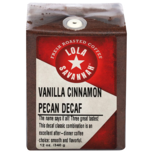 Lola Savannah Coffee, Ground, Fresh Roasted, Vanilla Cinnamon Pecan, Decaf