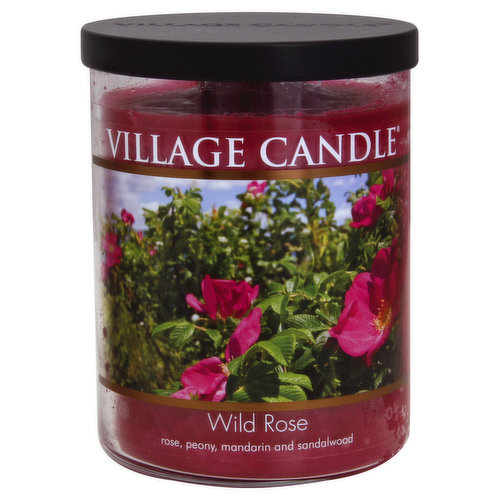 Rose, peony, mandarin and sandalwood. 18 fl oz. Approx. burn time is up to 85 hours. www.villagecandle.com. Made in Wells, Maine USA.