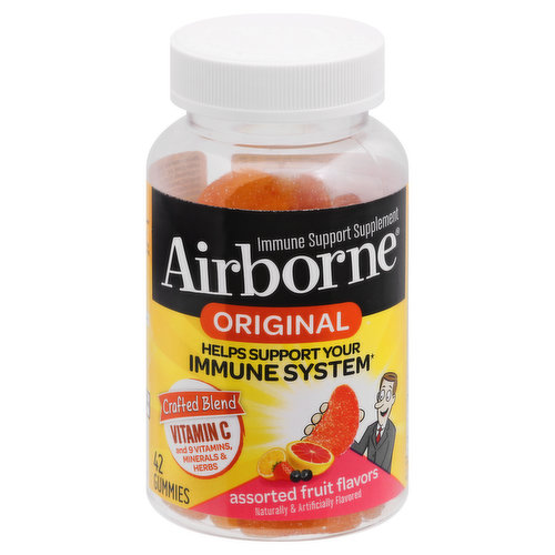 Immune Support Supplement. Zesty orange. Very berry. Grapefruit. Naturally & artificially flavored. Gluten free. 1 Serving Contains: 750 mg of vitamin C; antioxidants (Vitamin C & E); selenium; 35 mg of herbal blend including echinacea & ginger. Helps support your immune system. Crafted Blend: Vitamin C and 9 vitamins, minerals & herbs. Health. Hygiene. Home. Fresh new look - same great formula. www.airbornehealth.com. Questions? 1-800-526-6251. This statement has not been evaluated by the Food and Drug Administration. This product is not intended to diagnose, treat, cure or prevent any disease.
