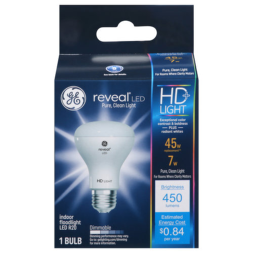 Brightness Quantity: 450 lumens. Energy Info: $0.84 based on 3 hrs/day, 11 ¢/kWh. Cost depends on rates and use. 7 watts. Package Info: 1. Voltage: 120 volts. Bulb Info: Indoor. LED. Is Dimmable. Is Flood Light. Screw. Bulb Life: 13.7 years based on 3 hrs/day. Bulb Appearance: 2700 k.