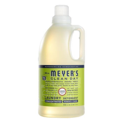 64 loads. Hardworking homekeeping. Clean day. Aromatherapeutic household products creating clean and happy homes since 2001. Tough on dirt and grime. Gentle on your home. Lemon verbena has a light, refreshingly mild citrus scent. This herb blossoms in early summer, and smells bright through and through. A favorite in the herb garden and in the home. Concentrated. Removes stains. We make effective, trusted formulas. Made with (Learn about these and other ingredients at mrsmeyers.com/Ingredients-Glossary): plant-derived cleaning ingredients; essential oils; stain-fighting enzymes. Made without: parabens & phthalates; optical brighteners; artificial colors. mrsmeyers.com. how2recycle.info. Bottle (less cap) made with at least 30% post-consumer plastic. Contents are biodegradable. USDA Certified Biobased Product. Product 76%.