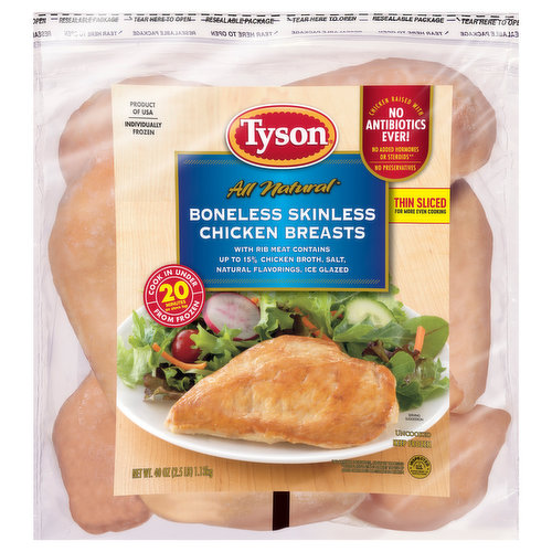 There's nothing like cooking from scratch, especially when you start with Tyson Individually Frozen Boneless Skinless Chicken Breasts. Raised with no antibiotics ever, our all-natural* chicken is juicy and tender with 23 grams of protein and 0 grams of trans fat per serving. Perfect for grilling and roasting, simply cook and serve our boneless chicken breasts with BBQ sauce for a quick and delicious weeknight dinner. Includes one 2.5 lb. package of individually frozen chicken. Everything seems to turn out a whole lot better when you just keep it simple. No nonsense. Just stick to the good stuff. The 100% real stuff that makes life, and chicken, great. With farm raised chicken of the highest quality, with no antibiotics ever, we keep it real in everything we do. Keep it real. Keep it Tyson. *Minimally processed, no artificial ingredients.