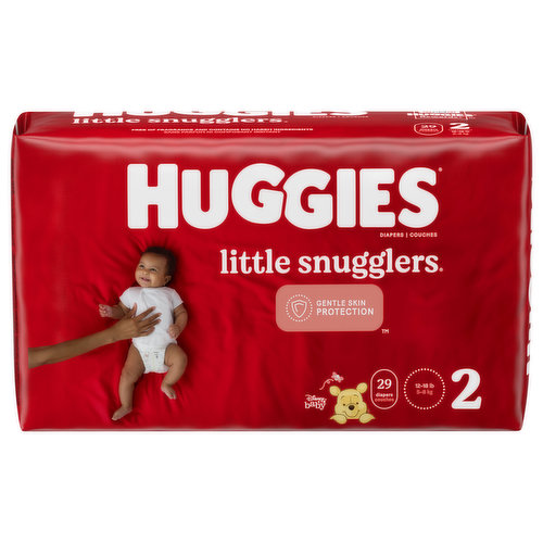 Designed for 360 degrees of soft and comfy gentle skin protection for your baby’s delicate skin, Huggies Little Snugglers Diapers are our perfect choice for your little one. Little Snugglers feature Huggies' GentleAbsorb Liner that absorbs wetness on contact and eliminates leaks for up to 12 hours, helping keep your baby’s skin clean and healthy. Plus, with a soft, back pocketed waistband, these disposable baby diapers help prevent leaks and blowouts to protect your baby’s sensitive skin. Extra soft materials provide a gentle tummy fit for extra comfort and protection during Tummy Time and Feeding Time. Little Snugglers baby diapers are hypoallergenic and dermatologist tested, making them safe for sensitive skin. They're also fragrance free, lotion free, paraben free, and free of elemental chlorine and natural rubber latex. Little Snugglers also feature a wetness indicator, so you'll always know when your little one is ready for a diaper change. Sizes 2-6 also feature Double Grip Strips to  help keep the diaper in place when your baby is moving. Featuring exclusive and adorable Disney Winnie the Pooh designs, Little Snugglers Diapers are available in size Preemie (up to 6 lbs), size Newborn (up to 10 lbs), size 1 (8-14 lbs), size 2 (12-18 lbs), size 3 (16-28 lbs), size 4 (22-37 lbs), size 5 (27+ lbs) and size 6 (35+ lbs). Join Huggies Rewards+ powered by Fetch to get rewarded. Earn points on Huggies diapers and wipes, in addition to thousands of other products to redeem for hundreds of gift cards. Download the Fetch Rewards app to get started today!