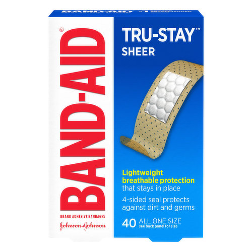 Actual Size: 40 - 3/4 in x 3 in (1.9 cm x 7.6 cm). Stays put so you don’t have to. Tri-Ply Backing: With unique adhesive for real staying power. Quilt-Aid Comfort Pad: Designed to cushion painful wounds while you heal. The makers of brand-aid adhesive bandages do not manufacture store brand products. Heals the Hurt Faster. Covering wounds can help protect you against dirt and germs that may cause infection. Use both Band-Aid Adhesive Bandages and Neosporin first aid antibiotic. Trusted protection for your healing wounds. See back panel for size. lightweight breathable protection: that says in place. 4-sided seal products against dirt and germs. Not made with natural rubber latex. www.brand-aid.com. Outside US, Dail collect 215-273-8755. www.brand-aid.com. Care to recycle. Made in Brazil.