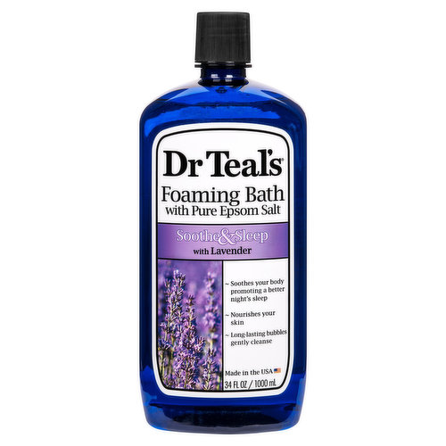 Soothes your body promoting a better night's sleep. Nourishes your skin. Long-lasting bubbles gently cleanse. Dr Teal's Foaming Bath transform your bath into a relaxing spa with essential oils to soothe the senses, revitalize tired achy muscles & help provide relief from stress. Lavender essence has soothing properties that are known to promote a better night's sleep.