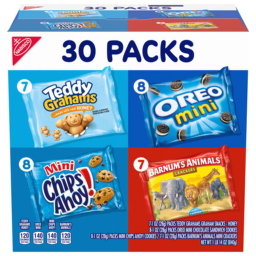 BARNUMS/CHIPS AHOY!/OREO/TEDDY GRAHAMS Nabisco Team Favorites Variety Pack, OREO Mini, CHIPS AHOY! Mini, Teddy Grahams Honey & Barnum's Animal Crackers, 30 Snack Packs