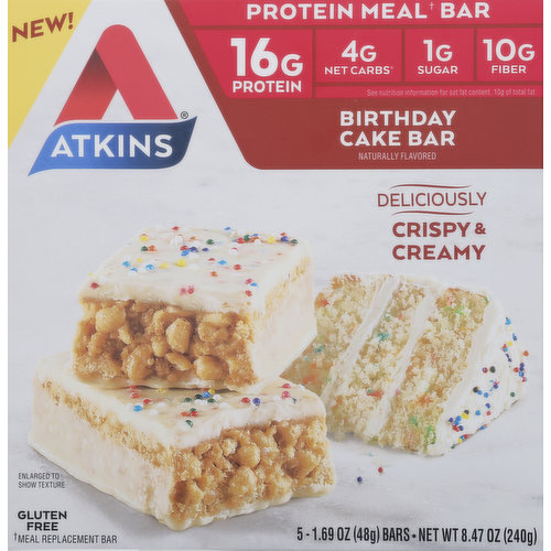 Naturally flavored. 16 g protein. 4 g net carbs (Total carbs [17 g] - fiber [10 g] - glycerin [3 g] = 4 g Atkins net carbs). 1 g sugar. 10 g fiber. 10 g of total fat. Gluten free. See nutrition information for sat fat content. Contains a bioengineered food ingredients. New! Protein meal (meal replacement bar) bar. Deliciously crispy & creamy. Atkins has all your weight loss needs covered with products for every occasion! Meal (Meal Replacement Bar): Good source of protein and fiber to keep you satisfied. Snack: The perfect amount of protein and fiber for a between meal snack. Treat: Indulgent dessert for a perfect after meal treat. No maltitol. What is the hidden sugar effect? It's common knowledge that consuming foods with large amounts of sugar may cause your blood sugar to spike. But, did you know other types of carbohydrates may have the same effect on blood sugar? We call this the hidden sugar effect. It's why a medium size bagel has the same impact on blood sugar as eating 8 teaspoons of sugar! (Based on glycemic load). And that's just one example - many foods loaded with simple or refined carbs can have a similar impact on blood sugar. But at Atkins, we've designed all of our delicious bars, shakes, and treats to limit simple and refined carbohydrates to help minimize the hidden sugar effect. atkins.com. Learn more about net carbs visit atkins.com. Find out more at atkins.com. Paperboard packaging. Recyclable. Sustainable Forestry Initiative: Certified sourcing. www.sfiprogram.org. Product of Canada.
