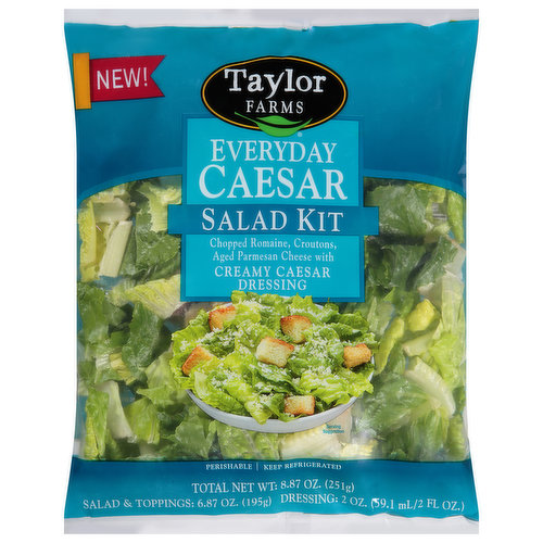 Chopped romaine, croutons, aged parmesan cheese with creamy Caesar dressing. New! A tried and true favorite. Romaine lettuce, cheesy and garlicky croutons and nutty grated parmesan cheese tossed in creamy Caesar dressing will make for a classic you'll be sure to love. Produced washed & ready to enjoy. We love the salads we make and guarantee you will too. If you're not satisfied with this product, neither are we. Please connect with us at www.taylorfarms.com or 877-323-7374. www.taylorfarms.com. how2recycle.info. Let's get social: Twitter. Pinterest. Instagram. Facebook. For more delicious recipes, visit our website: www.taylorfarms.com/toylor-recipes/.
