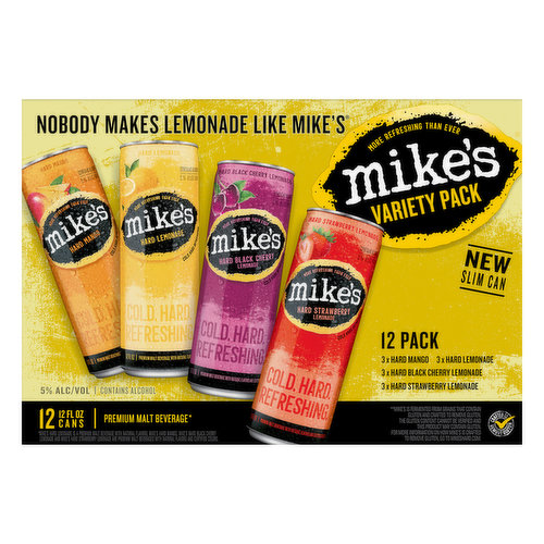 3 x hard mango. 3 x hard lemonade. 3 x hard black cherry lemonade. 3 x hard strawberry lemonade. Premium malt beverage (Mike's hard lemonade is a premium malt beverage with natural flavors, Mike's hard mango, Mike's hard black cherry lemonade and Mike's hard strawberry lemonade are premium malt beverages with natural flavors and certified colors.) Nobody makes lemonade like Milke's New slim can. More refreshing than ever. We started the mike’s hard lemonade company with the single aim of creating the most refreshing & amazing tasting beverages. Every bottle of mike’s is bursting with flavor and with each blend of lemon and fruit flavors, we like to think we’ve captured a little bit of sunshine in a bottle! For more information about our beverages, please visit mikeshard.com. Thank you for choosing mike’s and cheers to drinking on the right side! – mike. Cold. Hard. Refreshing. Mike’s is hard. So is prison. Don’t drive drunk. mikeshard.com. A strong opinion is hard to find. Give us yours on Facebook. Instagram. (hashtag)mikeshard. Please recycle. 5% ALC/VOL 10