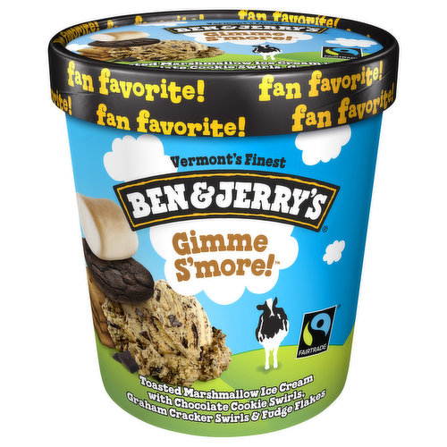 Ben & Jerry's Toasted marshmallow ice cream with chocolate cookie swirls, graham cracker swirls, and fudge flakes. It’s a gimme: there’s always room for s’more. And because this ‘shmallowy-rich, graham-good-‘n-chocolatey concoction is now available as a full-time flavor, there’s even s’more reason to stock up! There are times in life where it’s prudent to share. When you’re splitting a bag of popcorn with your date at the movies, for example. Or when you simply need another living, breathing human being to split the cost of paying rent.  But there are other times when you need to carve out a section of life that is MINE, ALL MINE. When you should just go ahead and be selfish. Campfire-roasted s’mores are a perfect example. Sure, you could toast two marshmallows on a stick. You could break that graham cracker in two. But why on earth would you?! Nope. We firmly believe that s’more are a one-person snack. So, we advocate scooping up your dish of Gimme S’more before helping others. Sure, that might not make you popular with your date. But we think it’s worth holding the line here. However, we do share the wealth with our partners by using Fairtrade Certified sugar, cocoa, and vanilla and using eggs from cage-free hens. Plus, our ingredients are Non-GMO sourced, for a flavor you can feel good about eating—whether you share it or not.