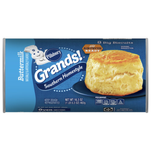 Make family meals grand with the home-baked goodness of Pillsbury Grands! Southern Homestyle Biscuits. Created for the biscuit lover, each hot-out-of-the-oven Grands! biscuit has a mouth-watering crispy outside and fluffy inside. A convenient alternative to scratch baking, Grands! refrigerated biscuit dough is ready-to-bake, saving you time and kitchen cleanup. In just minutes, the air will be filled with the delicious aroma of freshly baked biscuits and you’ll be ready to serve. Imagine the memories you’ll make.

Pillsbury Grands! Southern Homestyle Buttermilk Biscuits will give you time back in your day to focus on what matters. Simply preheat the oven to 375° F (or 350° F for a nonstick cookie sheet), place refrigerated biscuit dough (sides touching) on ungreased cookie sheet and bake 22-30 minutes (depending on how many are baked at a time). In just a few simple steps, you'll have homestyle biscuits without all the fuss!