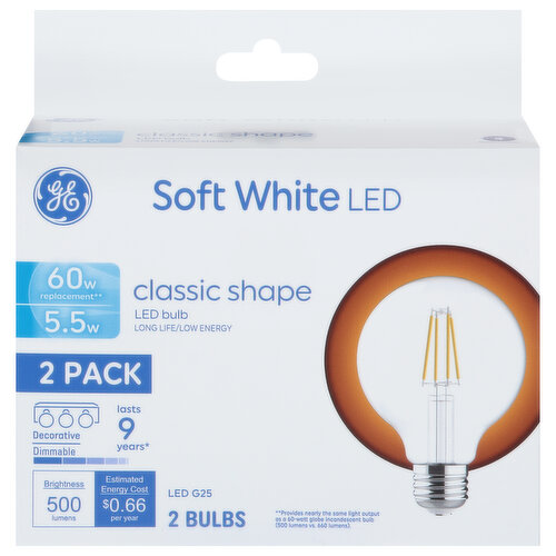 GE Light Bulb, LED, Soft White, Classic Shape, 5.5 Watts