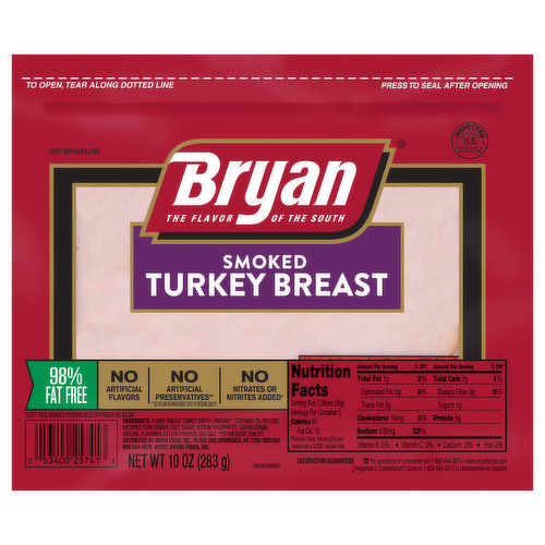 Enjoy the home-cooked flavors of the South with Bryan Smoked Turkey Breast Deli Lunch Meat. Sliced and seasoned to perfection, this turkey breast is juicy, smoky and 97% fat-free. Fully cooked and ready-to-eat , this lunch meat is a tasty addition to your sandwiches and wraps. Serve with mayo, bacon and tomato on sourdough for a delicious sandwich. Includes one 10 oz package of smoked turkey breast deli lunch meat. At Bryan Foods, everything we do is rooted in our Southern tradition. Founded by John H. Bryan, Sr. and his brother W.B. Bryan in West Point, Mississippi, Bryan Foods offers products that have been family favorites since 1936. Today, this legacy continues through our commitment to quality and the unique blend of spices in the original family recipes that we still use.