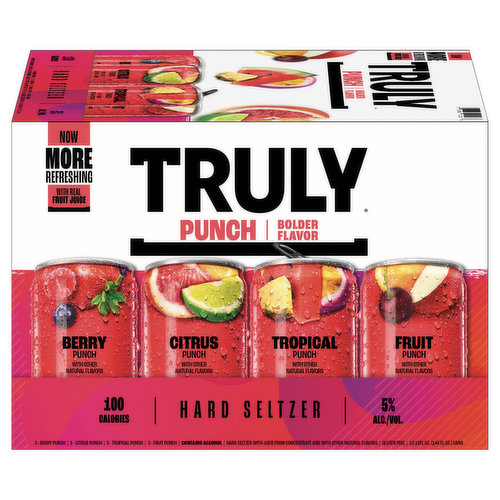 Truly Punch Hard Seltzer is an explosion of fruit flavor that is all about big flavor and big refreshment.  Truly Punch styles are unique mashups of some of your favorite fruits and come in four unique flavors: Fruit Punch, Berry Punch, Citrus Punch and Tropical Punch. Each 12oz. can of Truly has 5% alc./vol., 100 calories and 1g sugars for refreshment that won’t weigh you down.  Three 12 oz. cans of each flavor.  Gluten Free.