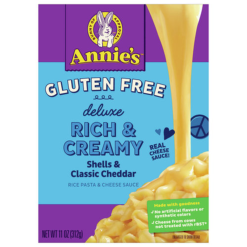 Warm and cheesy is easy! We believe everyone should be able to enjoy the creamy, dreamy taste and comforting heartiness of macaroni and cheese, even if gluten isn't your thing. Kids will love the cheesy goodness of Annie's Gluten Free Rich & Creamy Deluxe Shells & Classic Cheddar. Simply cook up the gluten-free pasta that comes in the box, add the sauce and enjoy as part of a joy-filled meal in just 8-10 minutes. Savor the wholesome goodness of gluten-free mac and cheese made with real cheese. 

Annie's makes products in over 20 family-friendly categories — from fruit-flavored snacks and cereal to mac & cheese. For busy bunnies and families on the go, we help make life a little easier and more delicious by sweetening-up packed lunches or by adding to a savory, yummy dinner. Annie’s is devoted to spreading goodness through nourishing, tasty foods and kindness to the planet.
