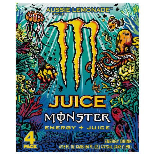 Juice Monster Energy Drink, Aussie Lemonade Style, Energy + Juice, 4 Pack
