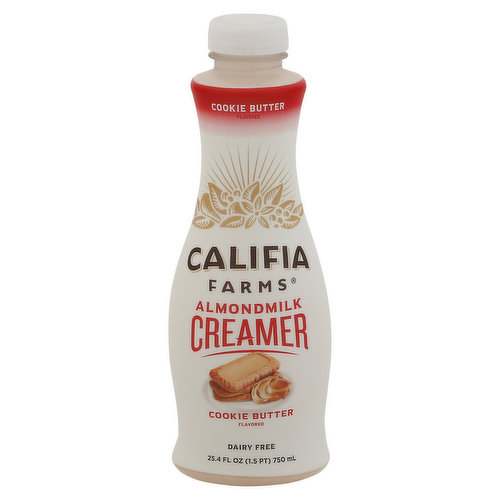 Califia Farms pronounced Cal-uh-fee-ahh. Just like our California home, we're named after the legend of Queen Califia. Indulge in our Cookie Butter Flavored Almondmilk Creamer. The delightful flavor of spiced speculoos cookies swirling into your coffee with all the sweet creamy goodness of dairy creamer, just without the dairy. Treat your taste buds. Always plant-based. Carrageenan free. Unzip it! Remove label to recycle.