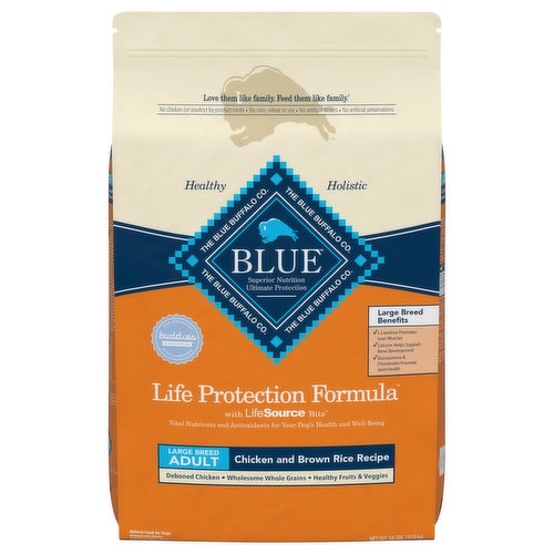 Blue Buffalo Food for Dogs, Natural, Chicken and Brown Rice Recipe, Large Breed, Adult
