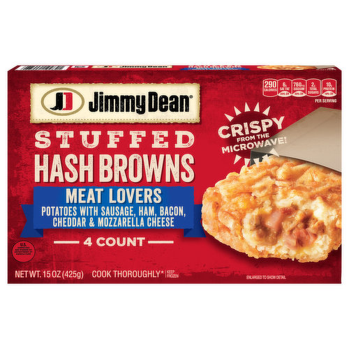 Jimmy Dean Meat Lovers Stuffed Hash Browns Frozen Breakfast is stuffed with sausage, ham, bacon, mozzarella and cheddar cheese for a delicious portable breakfast. With 10 grams of protein per serving, this Jimmy Dean breakfast adds protein to your morning routine. Simply heat and serve your microwave breakfast for delicious stuffed hash browns. Keep each Jimmy Dean stuffed hash browns frozen.