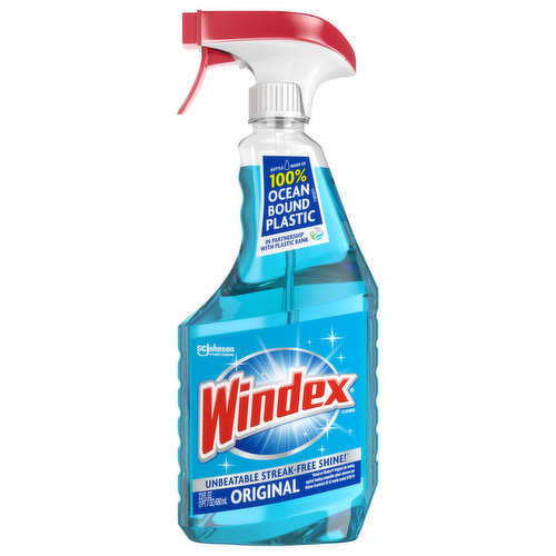 SC Johnson - A family company. Unbeatable streak-free shine! (Based on Windex Original lab testing against leading competitor glass cleaners per Nielsen Scan track US 52 weeks ended 3/29/19 (Copyright 2020 The Nielsen Company)). Works great on: Glass & mirrors. A family company since 1886. Fisk Johnson. Contains no phosphorus. Environmental Facts: Recyclable plastic bottle made of 100% Ocean Bound Social Plastic. Ocean Bound Social Plastic is post-consumer recycled plastic collected within 30 miles of an ocean or a waterway leading to an ocean, in countries with high volumes of uncollected plastic waste, which has been discarded or would otherwise be discarded into the environment and is collected in partnership with Plastic Bank to fund numerous social benefits to collectors and/or communities.