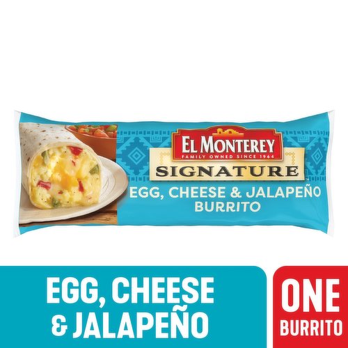Start your day off right with El Monterey Signature Egg, Cheese & Jalapeño Breakfast Burrito packed with real scrambled eggs, pepper jack and American cheese, red bell peppers and jalapeno peppers wrapped with a fresh-baked flour tortilla. A perfect "meatless option"! This hearty breakfast is the perfect frozen meal for home or for when you’re on the go. Committed to quality and tradition, this El Monterey microwavable breakfast burrito delivers 11 grams of protein to keep you satisfied and help you power through the day. This individually wrapped burrito is an ideal solution for morning, noon, and night. El Monterey frozen breakfast burrito only takes a few minutes in the microwave for a quick snack or pop into the oven (or air fryer) for a crispier quick start meal! You can find El Monterey Signature Egg, Cheese & Jalapeño Breakfast Burrito in the frozen breakfast section in the light blue package! Also look for El Monterey's wide variety of other frozen Mexican food favorites like taquitos, single serve meals and frozen burritos for breakfast, lunch and dinner!