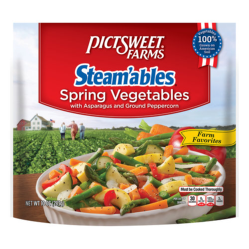 Spring vegetables with asparagus and ground peppercorn. Per 3/4 Cup Serving: 30 calories; 0 g sat fat (0% DV); 125 mg sodium (5% DV); 3 g sugars. Farm favorites. www.pictsweetfarms.com. Vegetables 100% grown on American soil. At Pictsweet Farms, growing wholesome and delicious vegetables is our way of life. It's early mornings, caring for the land, praying for rain, and waiting for that perfect moment to harvest. For our family, farming is about tradition, integrity and hard work. It's how we feed our family and yours.
